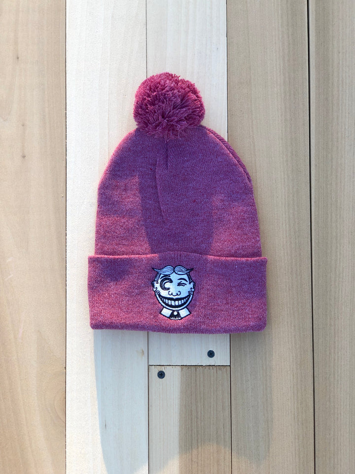 heather red color pom pom hat, pom pom beaine for men and women, pom pom beaine, snowboarding hat for women and men, skiing hat for men and women, snowboard beanie, skiing beanie, 