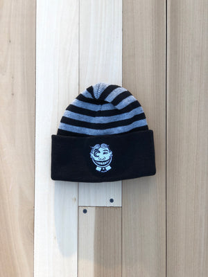 stripped beanie with asbury park clown logo by cyndrom, best snowboarding hat for women and men, best skiing hat for women and men, best beanie for snowboarding, best beanie for skiing,